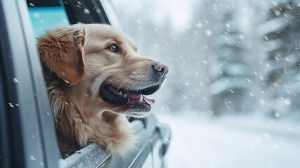 Dog looking out of the car window during the ride in the winter, snow 