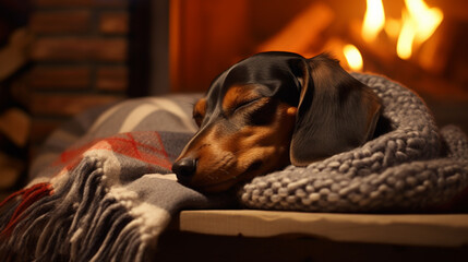 Dog, dachshund sleeping close to the fireplace in wooden cabin during winter on cosy blanket