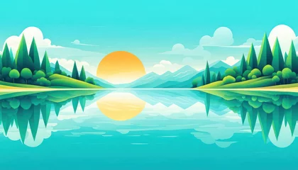 Foto op Plexiglas Abstract summer landscape with lake and sun and copy space digital illustration © cobaltstock