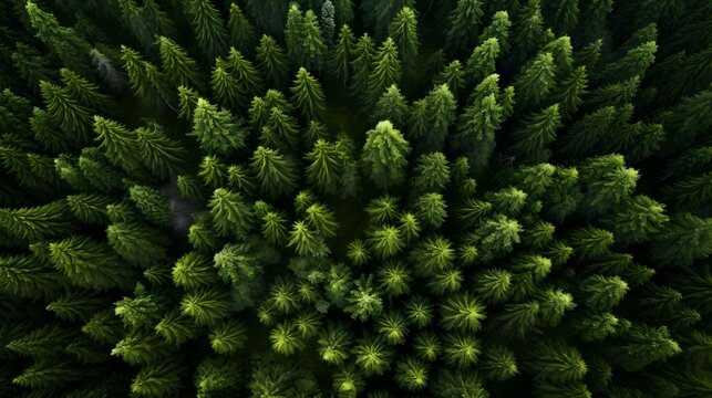 ariel view of pine tree forest. Generative AI