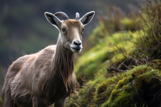Kid of Nilgiri tahr (Nilgiritragus hylocrius) ungulate endemic to the Nilgiri Hills observed grazing on the slopes in Eravikulum National Park near Munnar in Kerala,