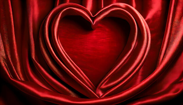 luxurious background of seamless red velvet drapes with gentle folds making a heart in the center. space for personalized Valentine's greetings.