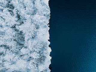 Aerial view of blue water sea and snow covered trees woods in winter Finland. - obrazy, fototapety, plakaty