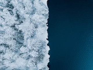 Poster Aerial view of blue water sea and snow covered trees woods in winter Finland. © nblxer