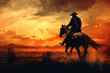 Fototapeten Cowboy riding horse into the sunset. Wild west style poster. Generative Ai © ArtmediaworX