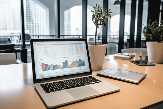 A business desk, analyzing company account finance graphs on a tablet
