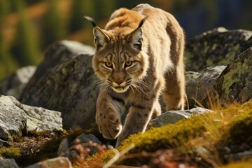 Obraz premium Lynx climbing a rocks in mountain
