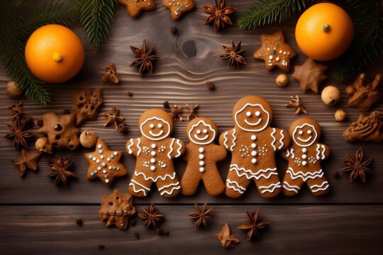 Süße vierköpfige Lebkuchen-Familie mit Weihnachtsdekoration auf Holztisch