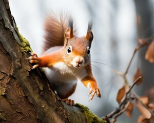 curious red squirrel siting on tree