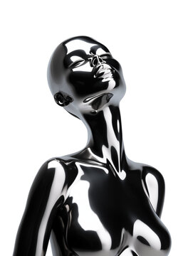 Futuristic chrome woman mannequin isolated. Shiny gloss metal human sculpture. Y2K liquid metal music poster
