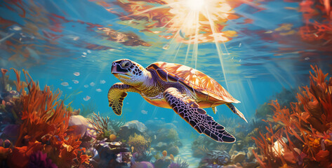 , painting of sea turtle and fish swimming underwatergreen sea turtle swimming