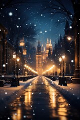 Fototapeta na wymiar A city street in winter snow decorated for the holidays. Generative .