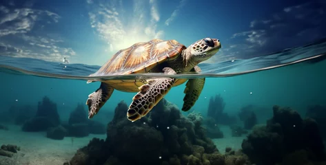 Fotobehang painting of sea turtle and fish swimming underwater, sea turtle swimming © Kashif Ali 72