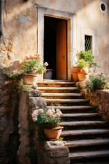 Flower pots on a stone stairway outside an old building