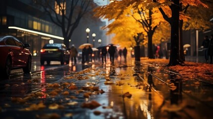 rainy city street on Autumn evening,yellow leaves fall on puddle,car traffic blurred light