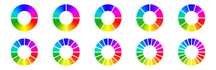 Gradient colored pie chart templates. Bright vibrant infographic donut graphs. Vector diagram wheel for multiple section circle. 3, 4, 5, 6 parts of ring.