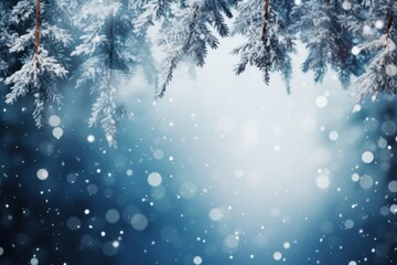 Winter background, falling snow on pine tree branches copy space, Christmas holiday background