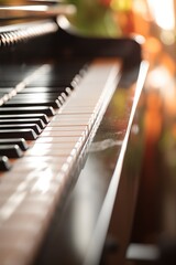 Piano keyboard background with selective focus. Warm color toned image