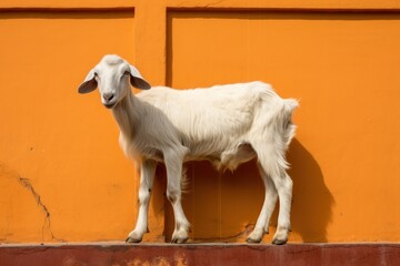white goat walking in front of an orange wall in Jaipur, - Powered by Adobe