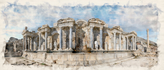 Sagalassos ancient city near Burdur, Turkey in watercolor style illustration	
 - obrazy, fototapety, plakaty