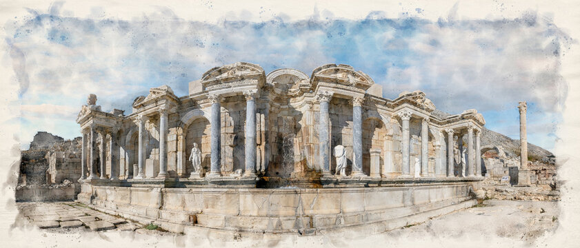 Sagalassos ancient city near Burdur, Turkey in watercolor style illustration	
