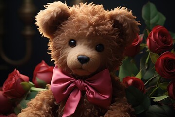 brown curly teddy bear with ribbon and roses