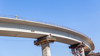 Construction New Road Highway Ramp Overhead Structure Against Blue Sky