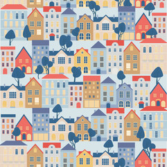 Seamless town pattern. Endless background with cute small houses and trees. Repeating print of old style homes. - 689118322