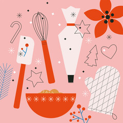 Dessert ingredients and utensils. Baking Christmas gingerbread cookies. Homemade. Flat vector illustration isolated. Trendy abstract style. Festive food, family culinary, baking. Abstract elements.