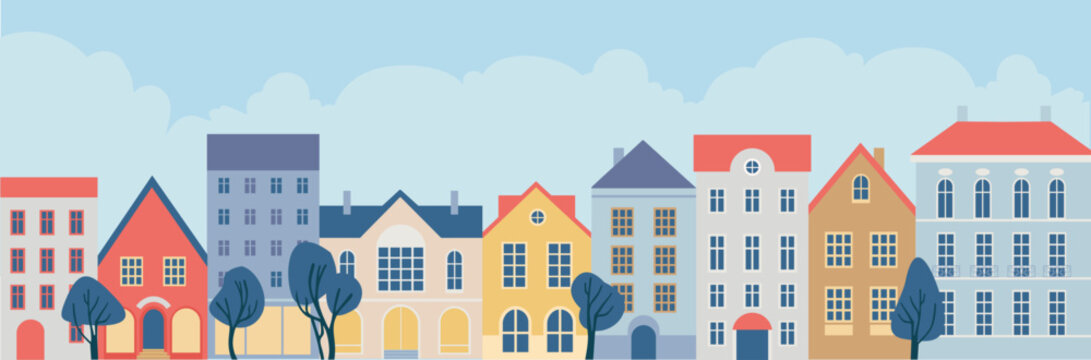Cute vintage houses, city buildings. Cozy town panorama with home exteriors. Old town street in little european village.