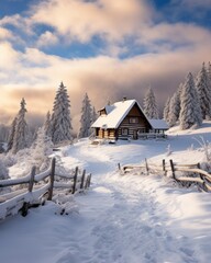 Fantastic winter landscape with wooden house in snowy mountains. Christmas holiday concept. Carpathians mountain, , Europe