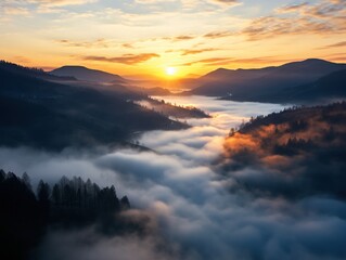 Naklejka premium Sunrise over the fog in the Ukrainian Carpathians. Aerial drone view.