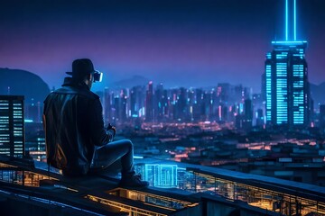 Fototapeta na wymiar A futuristic cityscape at night, with a lone hacker perched on a rooftop surrounded by virtual reality projections.