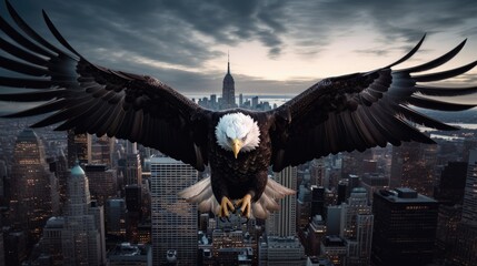 Naklejka premium A bald eagle soars over city buildings.