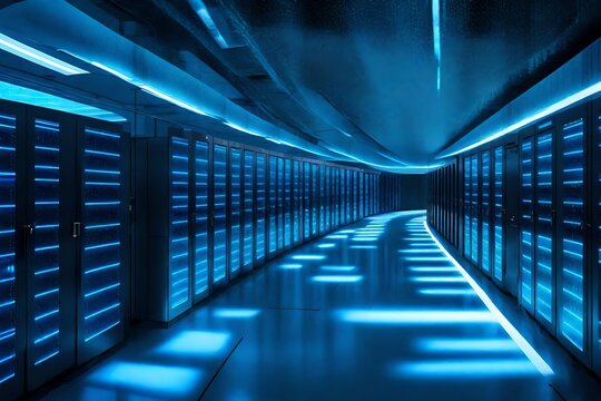 A server room bathed in a cool blue glow, highlighting the precision and efficiency of a cutting-edge information processing facility.