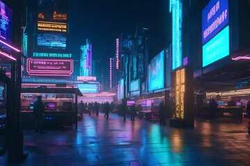 A cyberpunk marketplace, where a hacker trades virtual goods amidst a backdrop of holographic...
