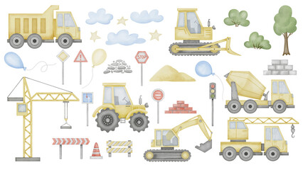 Construction clip art Set Watercolor illustration. Hand drawn baby boy toy car and road sign on isolated background. Tractor with lorry and crane drawing. Painting of transport for wall art stickers. - obrazy, fototapety, plakaty