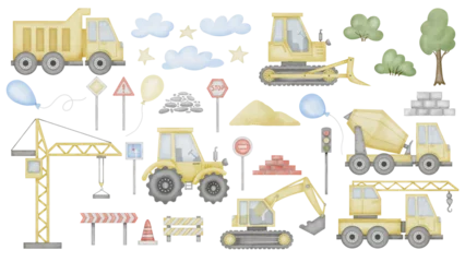 Muurstickers Construction clip art Set Watercolor illustration. Hand drawn baby boy toy car and road sign on isolated background. Tractor with lorry and crane drawing. Painting of transport for wall art stickers. © Alisles