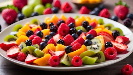 Vibrant and colorful fruit salad arranged in an appealing pattern on a plate.

