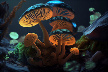 Mushroom fungus in natural forest background generative ai