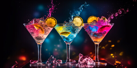 Set colorful cocktail drinks There is water splashing. alcoholic beverages With berries, lemon, herbs and ice. Set of various cocktails on a dark background. Parties and summer holidays. - Powered by Adobe
