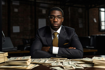 Successful African American businessman inside an office, sitting at his workplace with plenty of cash money dollars on the table, celebrating his achievement.