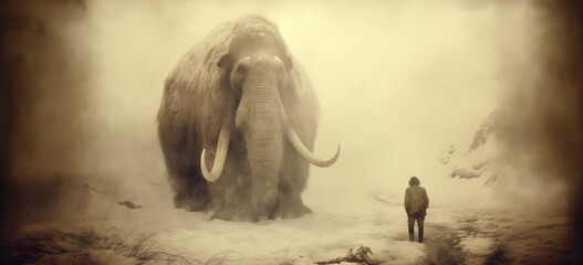 Early age explorer and woolly mammoth. hand edited AI. - obrazy, fototapety, plakaty