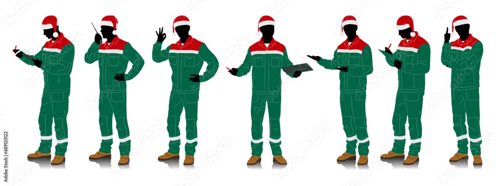 Wall mural Handyman in Santa hat. Set of male construction workers wearing Christmas hats and overalls with safety bands. Different poses. Uniform in Christmas colors. Vector illustration set isolated on white