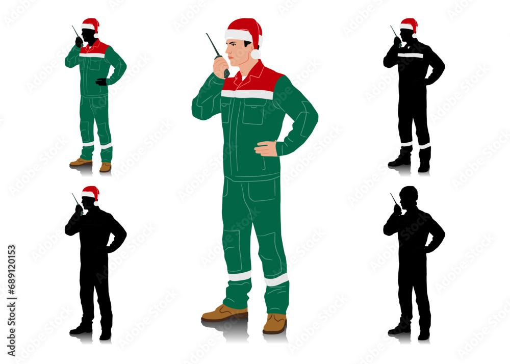 Wall mural Handyman in Santa hat. Set of male construction workers wearing Christmas hats and overalls with safety bands. Different poses. Uniform in Christmas colors. Vector illustration set isolated on white