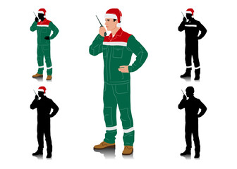 Handyman in Santa hat. Set of male construction workers wearing Christmas hats and overalls with safety bands. Different poses. Uniform in Christmas colors. Vector illustration set isolated on white