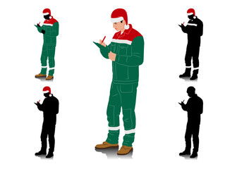 Handyman in Santa hat. Set of male construction workers wearing Christmas hats and overalls with safety bands. Different poses. Uniform in Christmas colors. Vector illustration set isolated on white