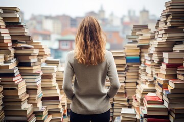 The girl stands on the mountains from the books, the view from behind.