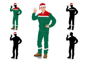 Handyman in Santa hat. Set of male construction workers wearing Christmas hats and overalls with safety bands. Different poses. Uniform in Christmas colors. Vector illustration set isolated on white