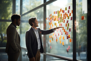 Two businessmen discussing about ideas written on sticky notes over glass window. Business men brainstorming during a business meeting.